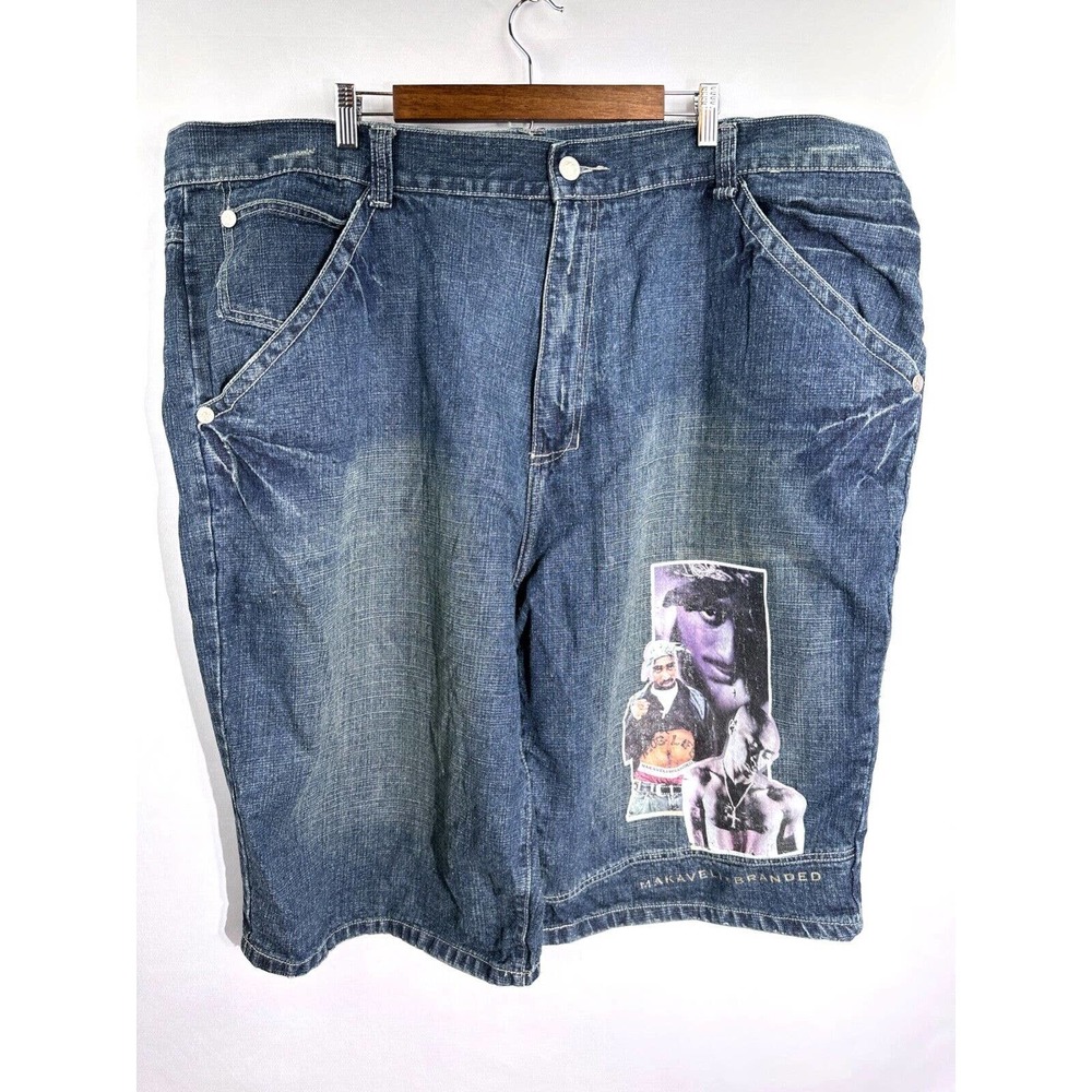 MAKAVELI Tupac Signature Jean Shorts‎ Streetwear Long Denim Rap Gangster Mens 50